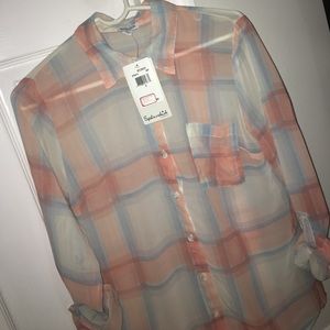 Pastel orange/blue plaid blouse